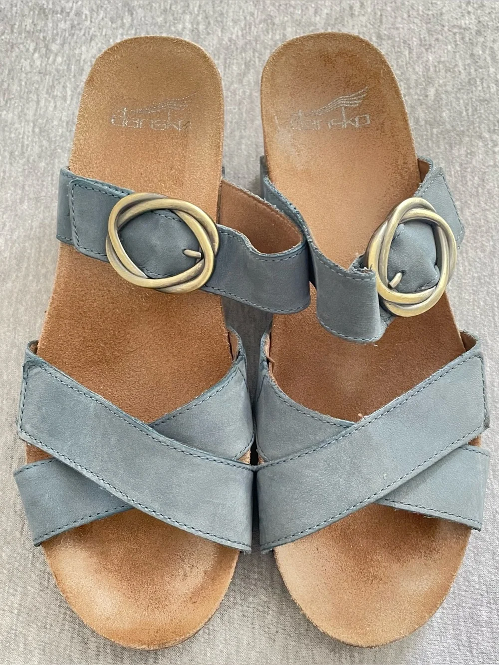 Dansko Susie Sz 38 US 7.5-8 Light Blue Cork Wedge Sandals with Buckle New No Box